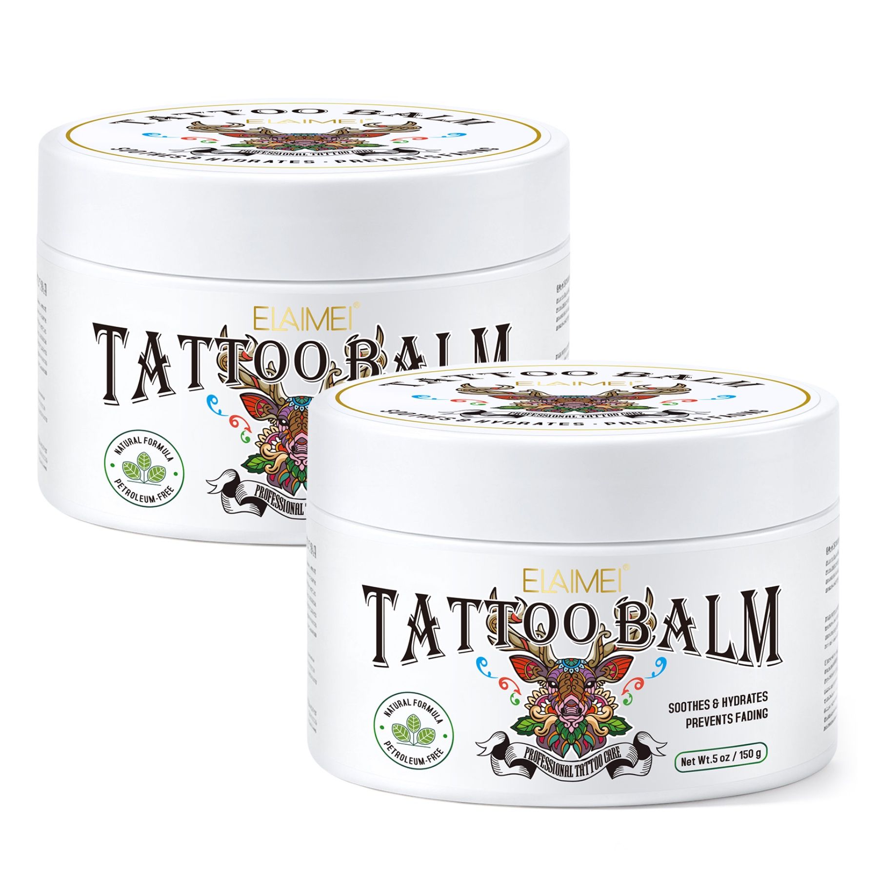 Deux pots blancs de baume pour tatouage. L'un est devant, l'autre derrière.