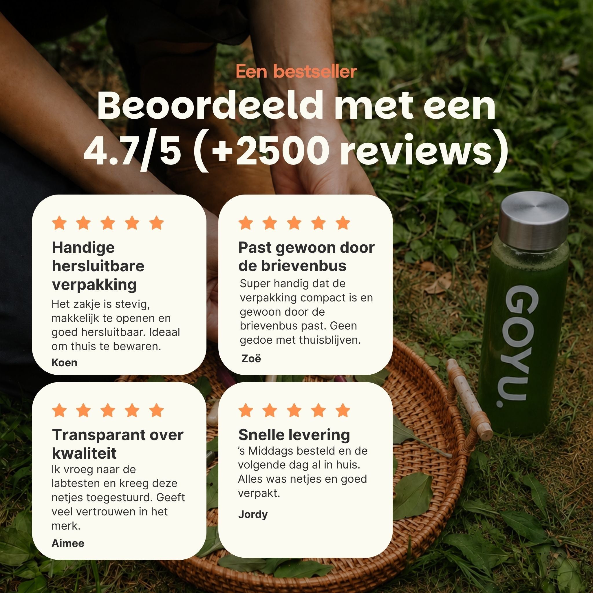 Groene drinkfles met zilveren dop, opschrift GOYU. Naast een mand met bladeren.