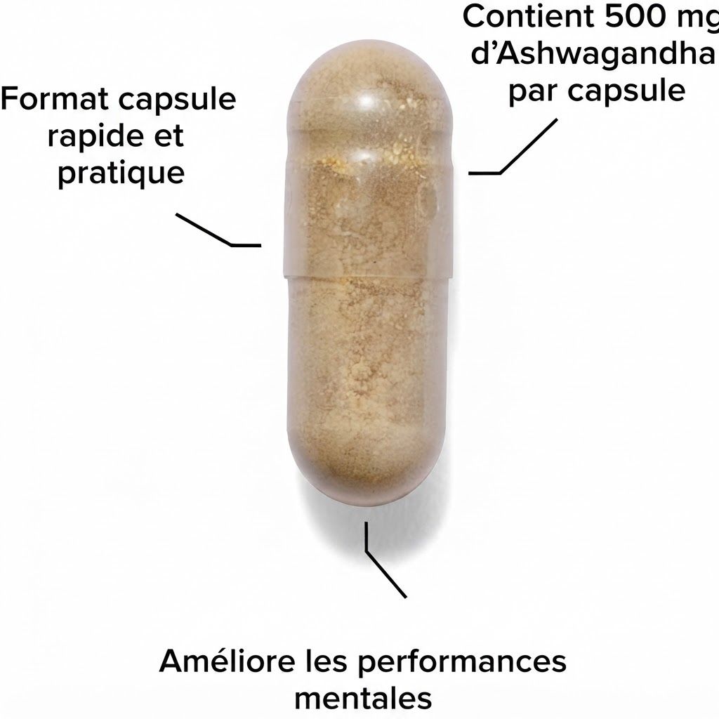 Une capsule brune remplie de poudre, contenant 500 mg d'Ashwagandha par capsule.