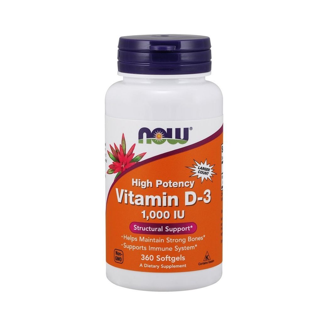 NOW FOODS Vitamine D-3 1000 UI flacon de 360 gélules molles pour les os et le système immunitaire.