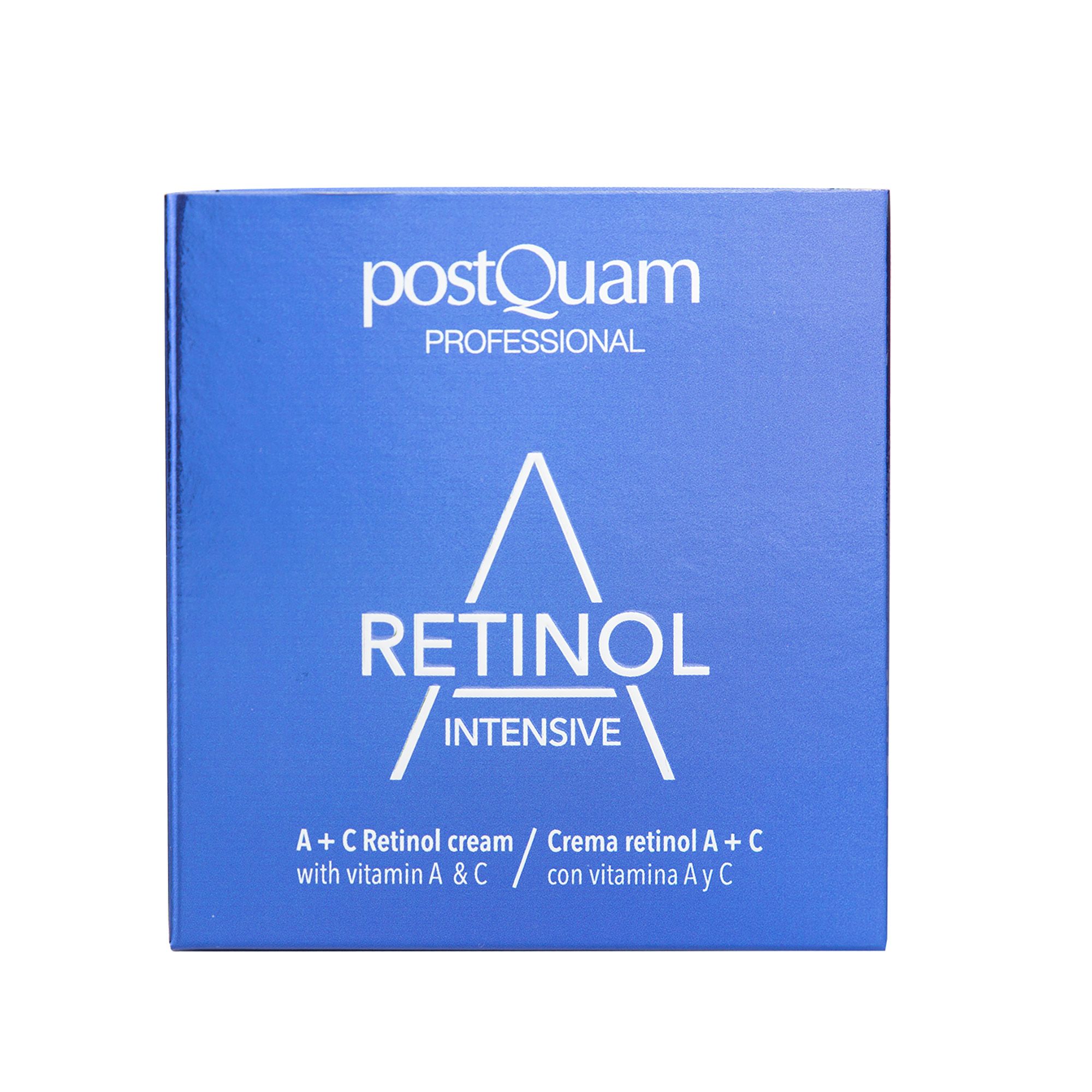 Blauwe doos. Opschrift: Retinol Intensive, A+C Retinol cream with vitamin A & C.