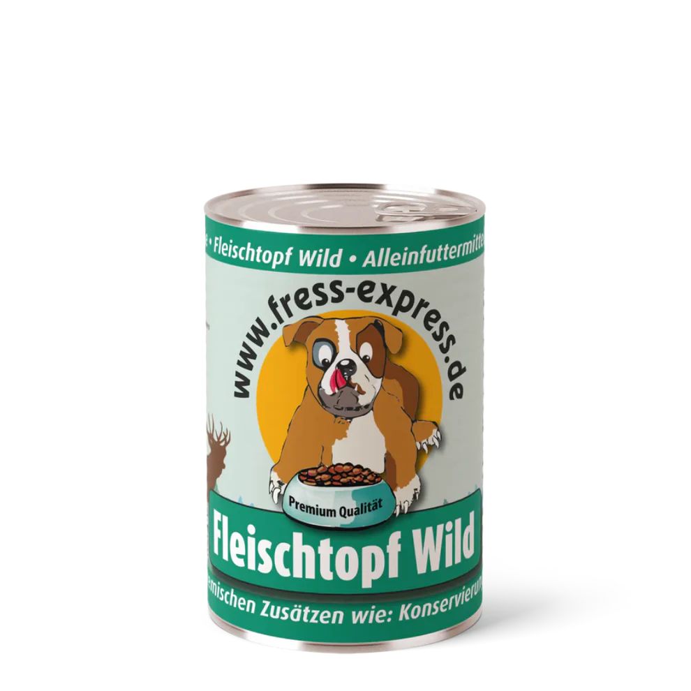 Hondenvoerblik met etiket. Opdruk: "fress-express Fleischtopf Wild". Afbeelding van een hond met voer. Groen-wit ontwerp.
