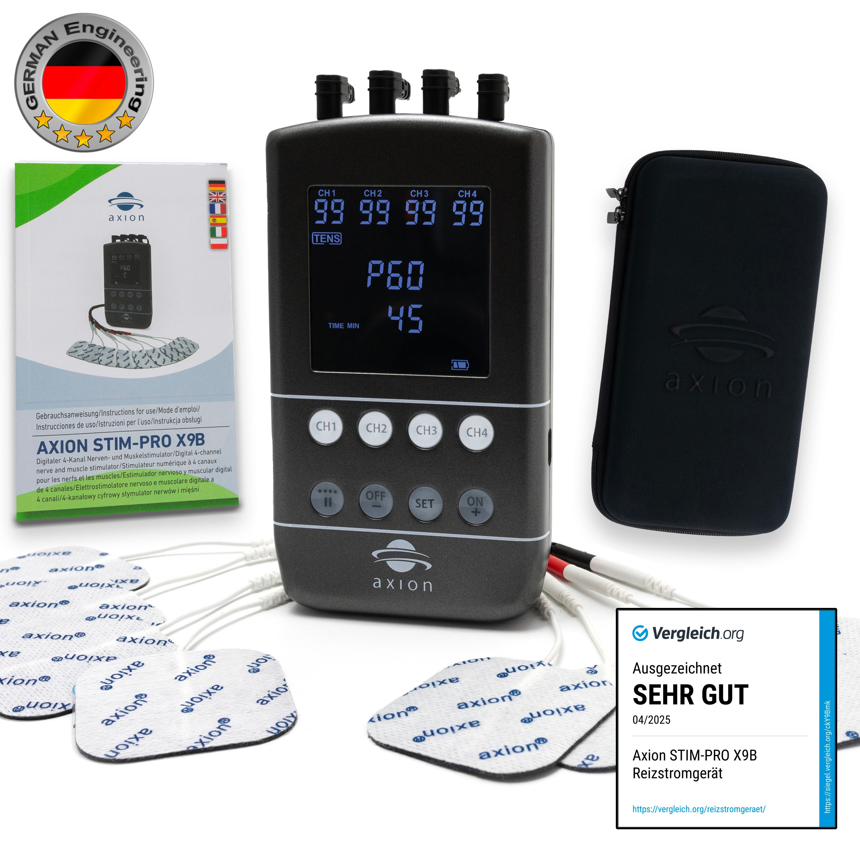 Apparaat met display, elektroden, etui en verpakking. Opschrift: axion STIM-PRO X9B. Certificering.