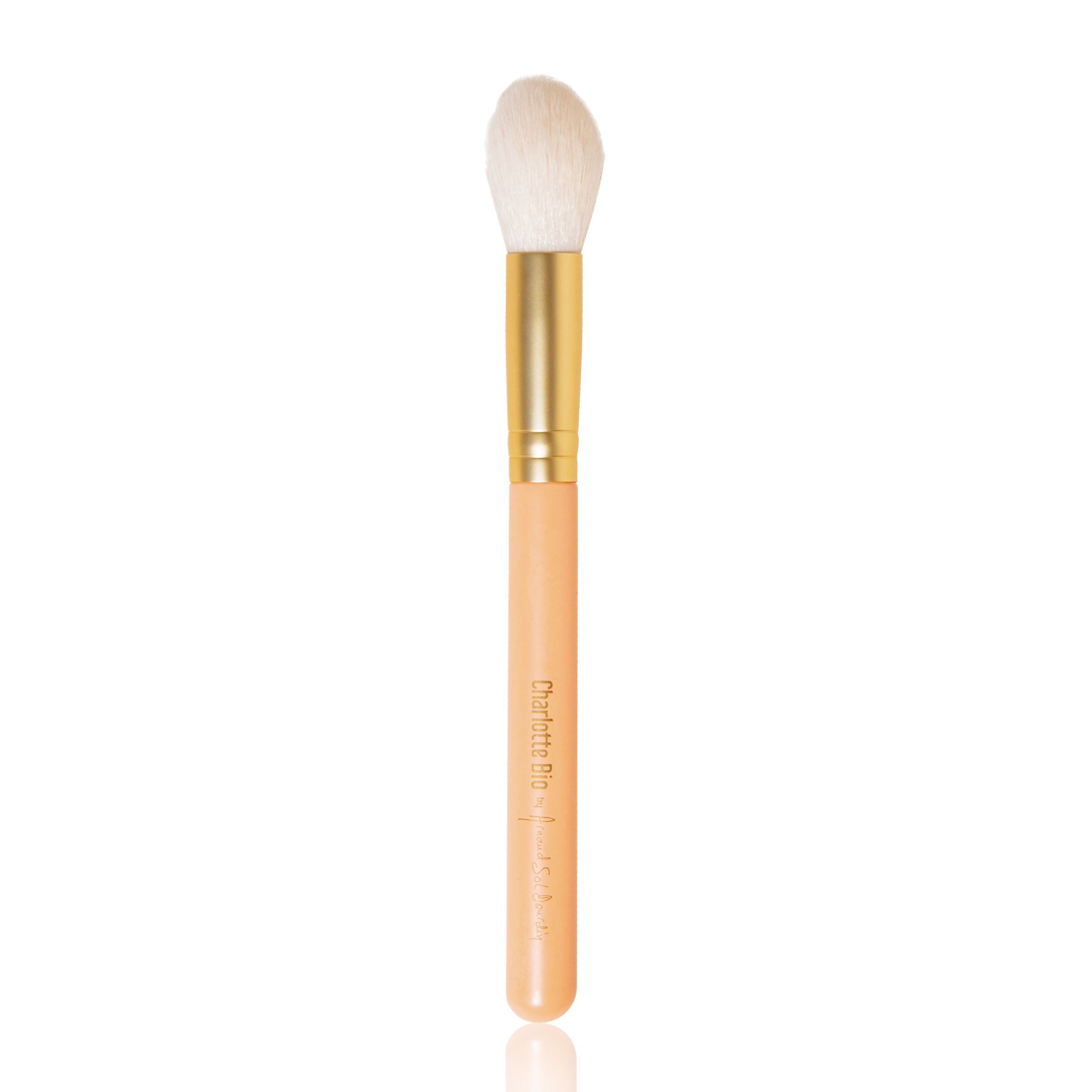 Make-up kwast met lichte borstelkop, gouden huls en perzik kleurige steel. De naam "Charlotte Bio" staat op de steel.