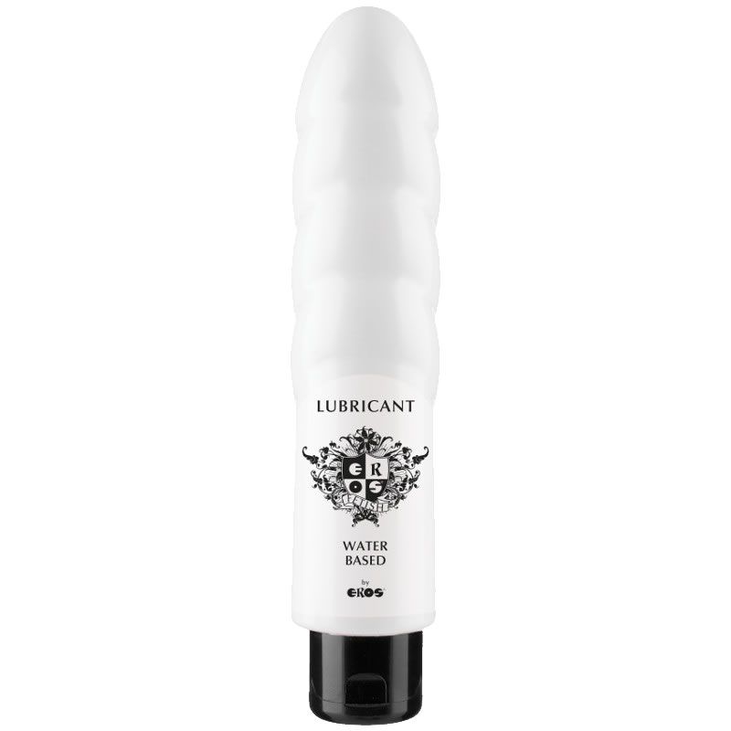 Flacon blanc à bouchon noir, contenant un lubrifiant à base d'eau.