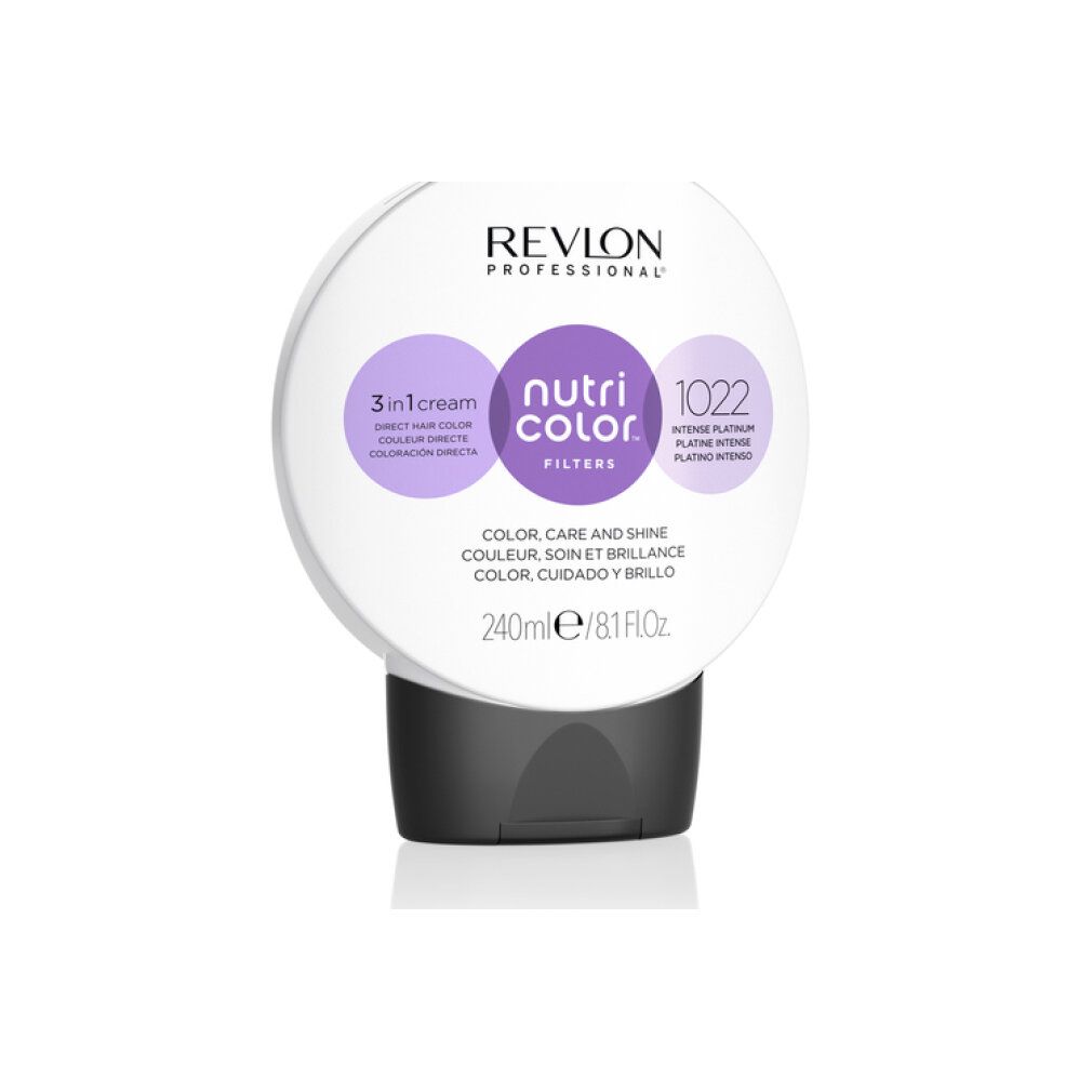 Haarkleurproduct van Revlon. Ronde tube met zwarte dop. Opschrift: Nutri Color Filters 1022 Intense Platinum. 3-in-1 crème.