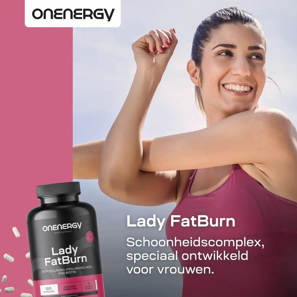 Vrouw die zich uitrekt, naast pot OnEnergy Lady FatBurn. "Schoonheidscomplex, speciaal ontwikkeld voor vrouwen."