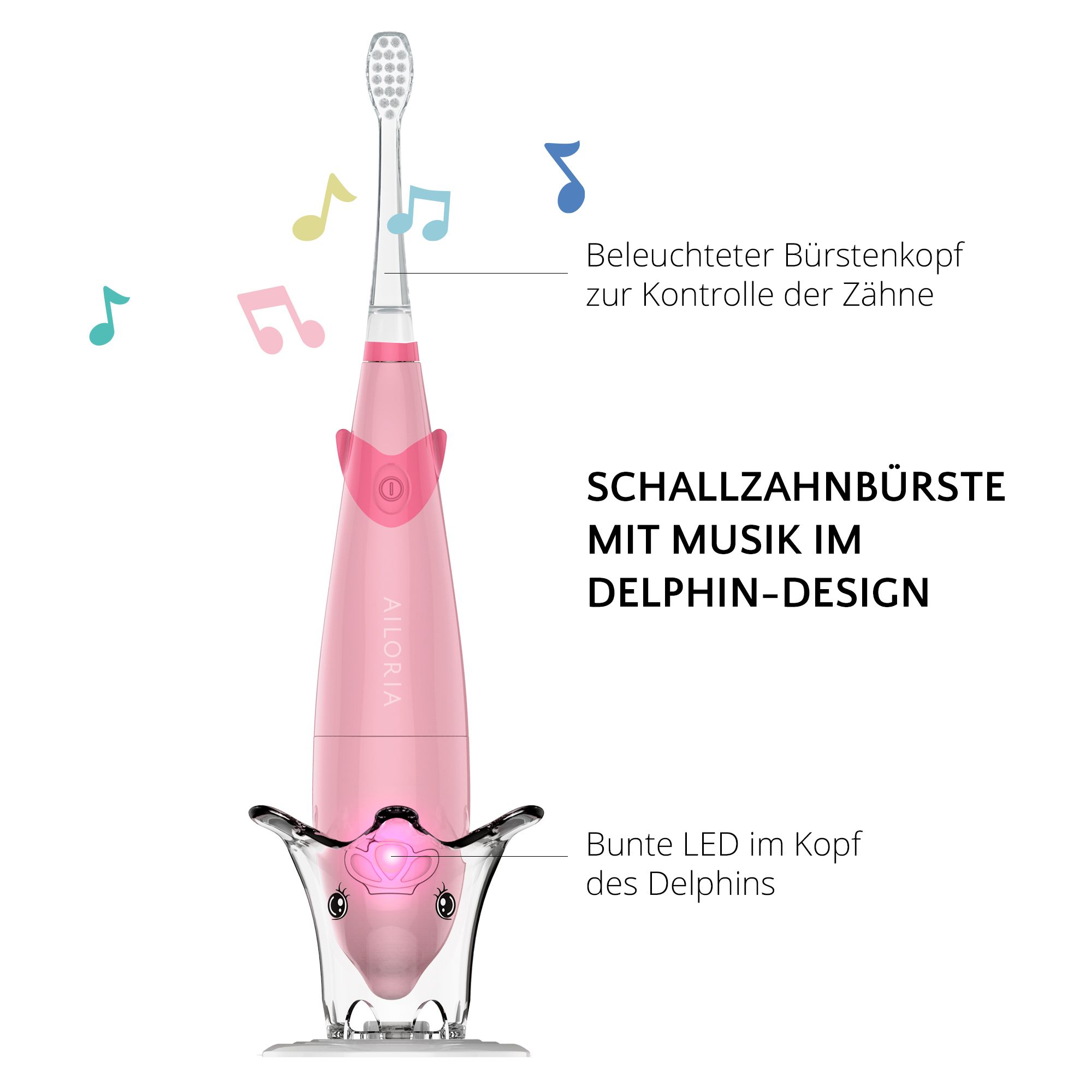Brosse à dents rose avec support. LED colorée dans la tête. Texte : Brosse à dents sonique en forme de dauphin avec musique.