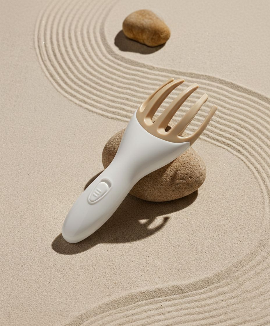 Elektronische hoofdhuidmassager met witte handgreep en beige tanden, rustend op een steen.