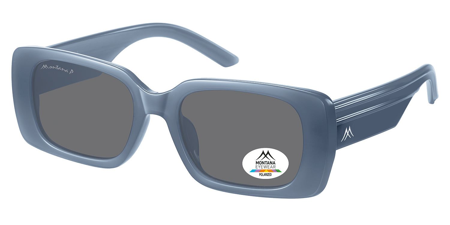 Lunettes de soleil bleues rectangulaires. Logo Montana Eyewear et autocollant de polarisation. Branches avec logo.