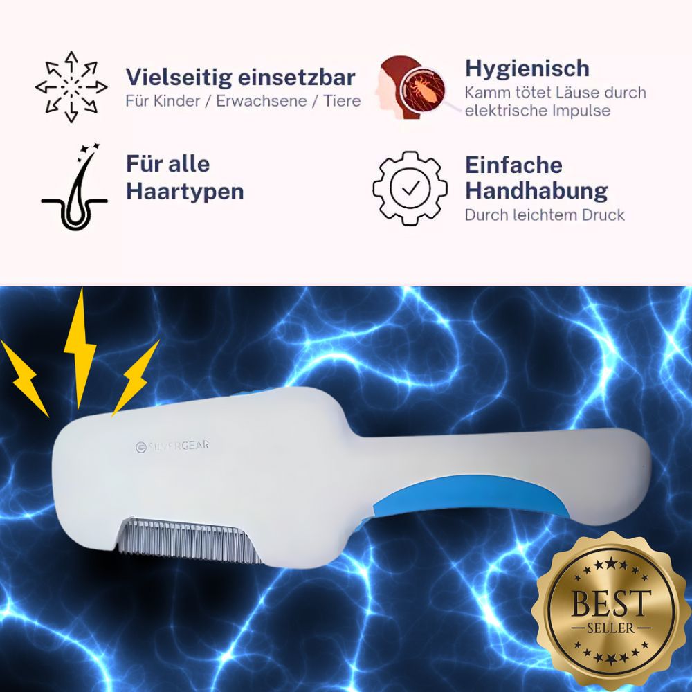Silvergear elektrische luizenkam. Wit-blauwe kam met metalen tanden. Opschrift: "BEST SELLER". Tekst met toepassingsgebieden.