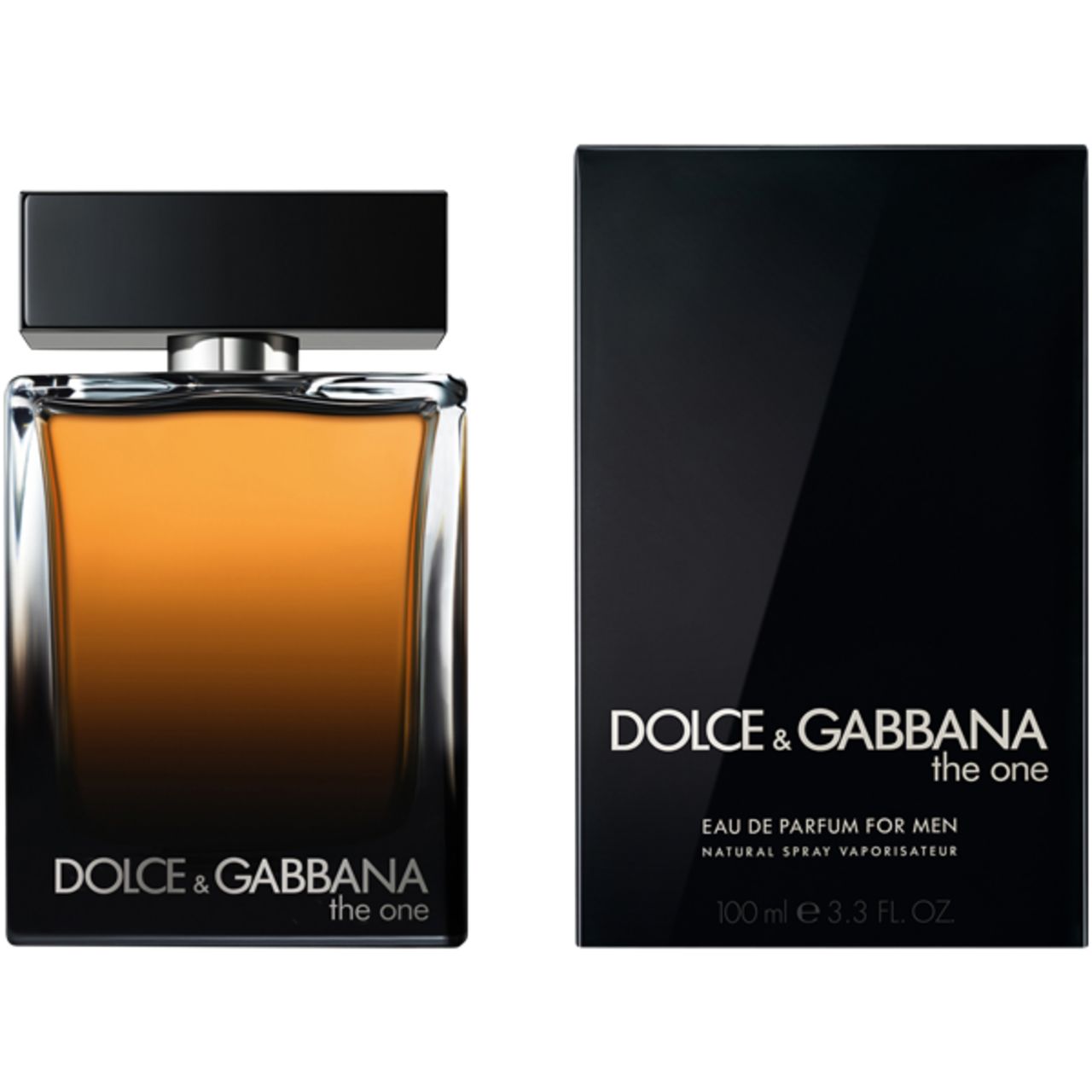 Flacon et emballage Dolce & Gabbana The One For Men. Bouchon noir, flacon rectangulaire, liquide ambré. Emballage noir.