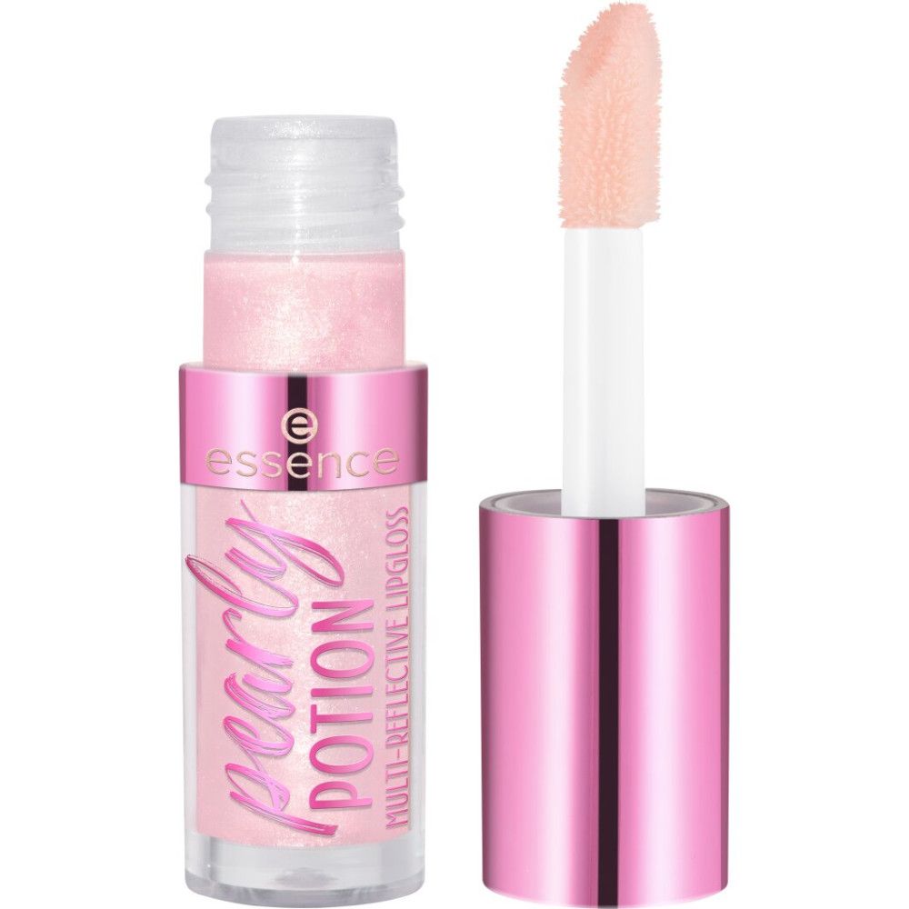 Essence Pearly Potion lipgloss. Roze flesje met roze lipgloss en applicator. De dop is eraf.