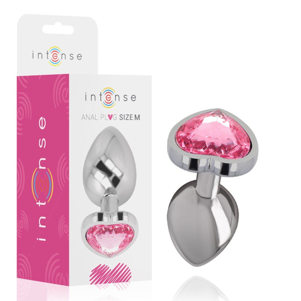 Plug anal Intense en métal en forme de cœur avec bijou rose, taille M, en boîte.
