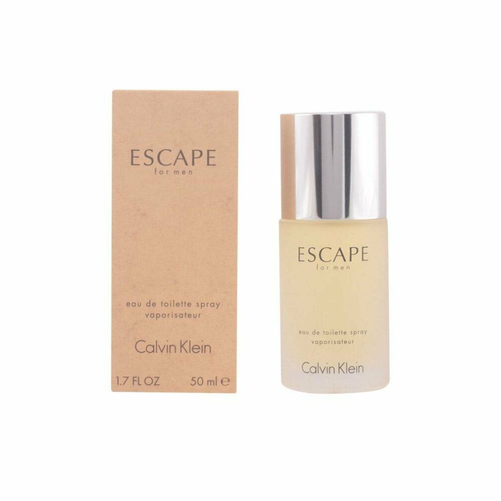 Flacon Calvin Klein Escape for men avec emballage. Bouchon argenté, inscription Escape for men. En bas, Calvin Klein. Liquide jaunâtre.