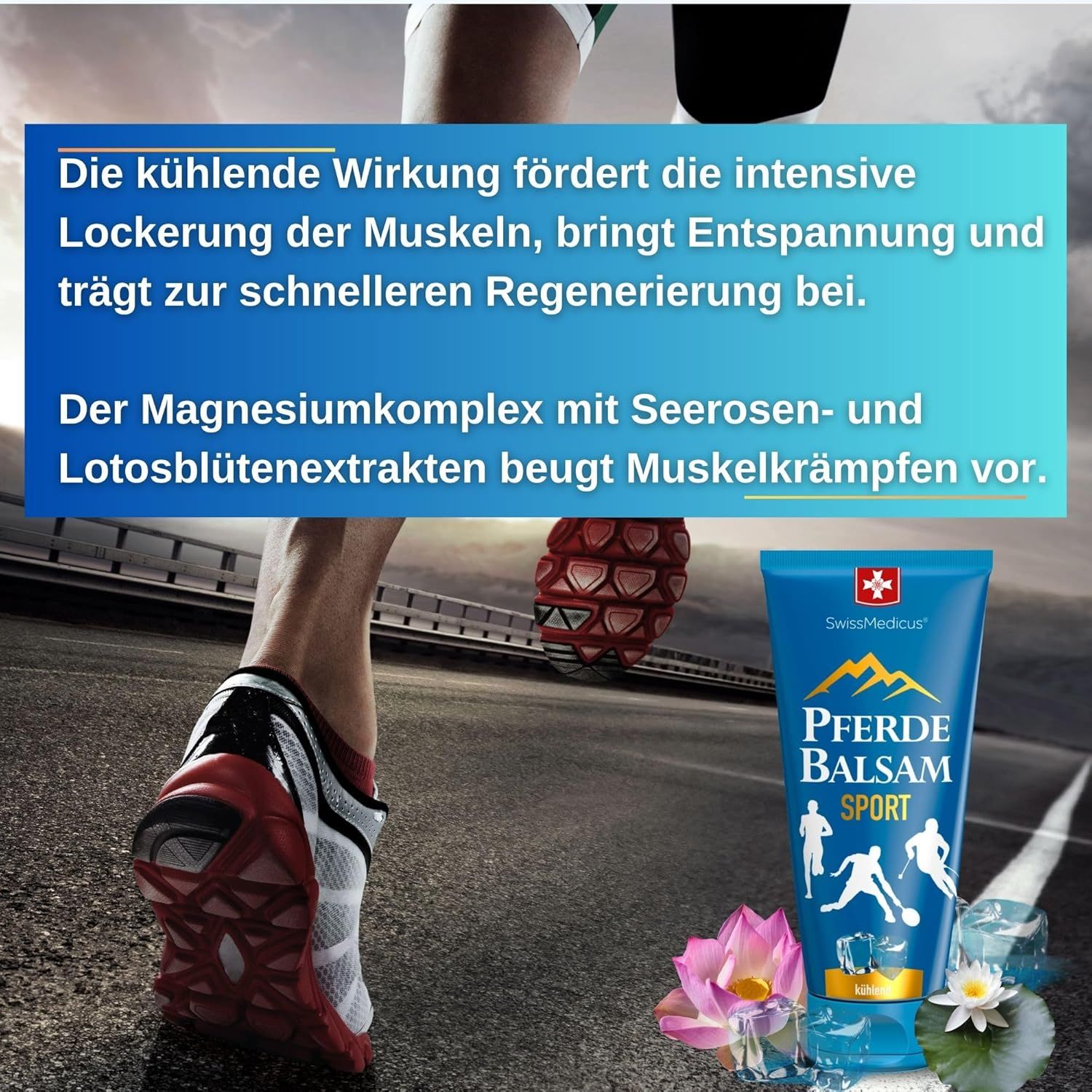 Blauwe tube "Pferde Balsam Sport". SwissMedicus-logo. Loper. Lotusbloem. Tekst: Koelend effect, spierontspanning.