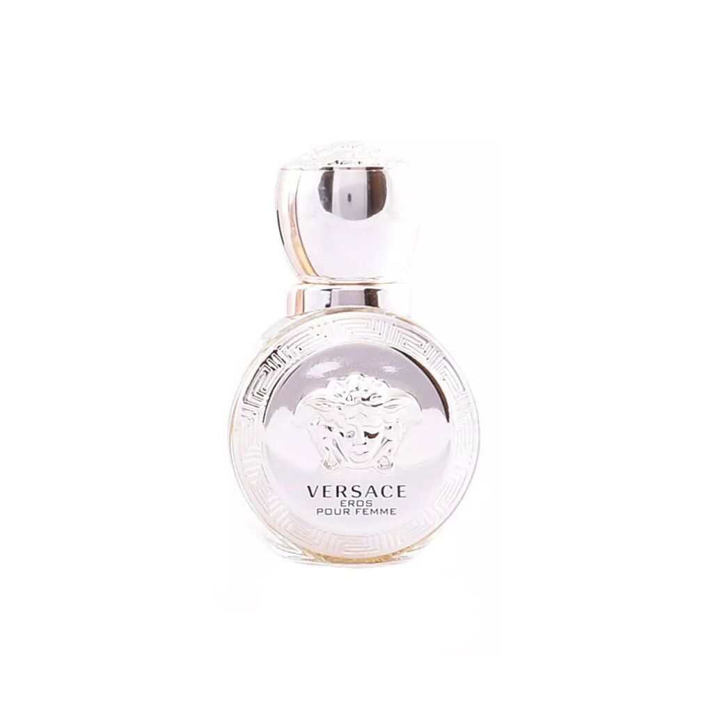 Flacon rond avec bouchon argenté. Inscription: VERSACE EROS POUR FEMME. Design argenté avec logo Méduse.