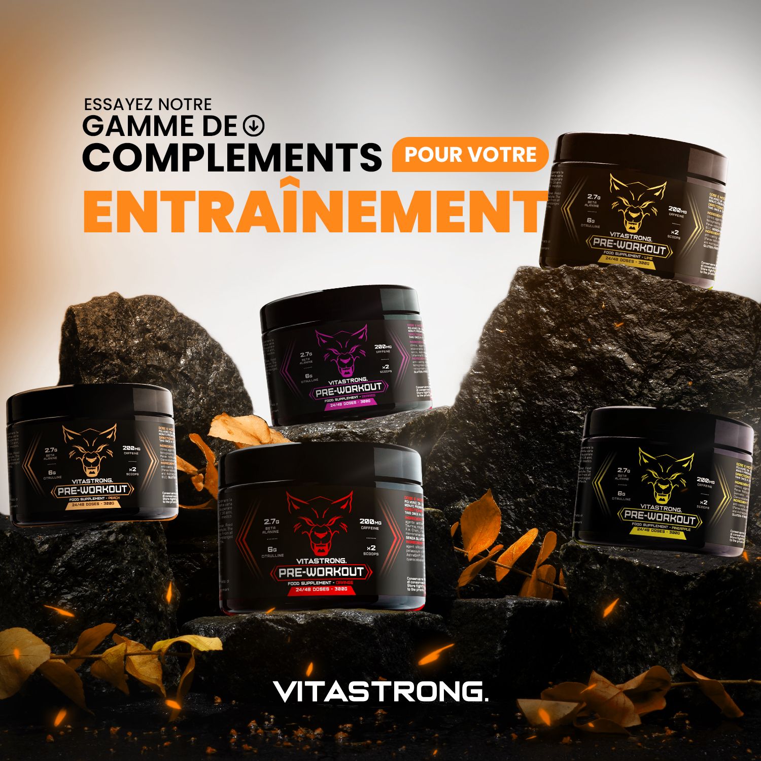Vitastrong Pre-Workout, verschillende smaken. Potten op rotsen. Tekst: Voor je training.