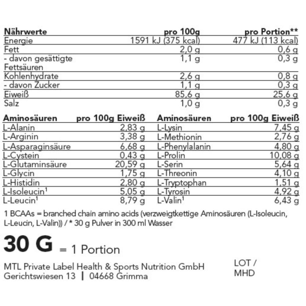 Voedingstabel. Informatie per 100g en per portie. Bevat informatie over aminozuren, energie, vet, koolhydraten, eiwit en zout.