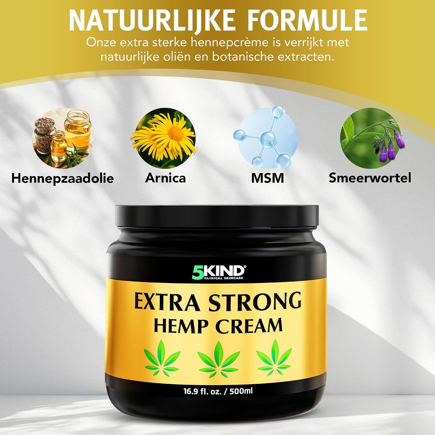 5Kind Extra Strong hennepcrème pot met symbolen: Hennepzaadolie, Arnica, MSM, Smeerwortel. Tekst: Natuurlijke formule.