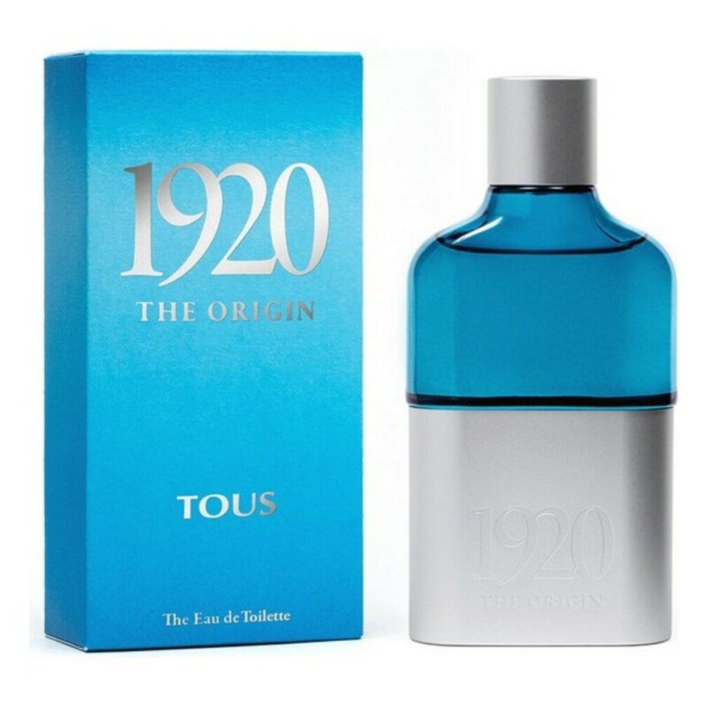 Flacon et boîte bleus et blancs. Sur la boîte, "1920 THE ORIGIN" et "TOUS". Sur le flacon, "1920 THE ORIGIN".