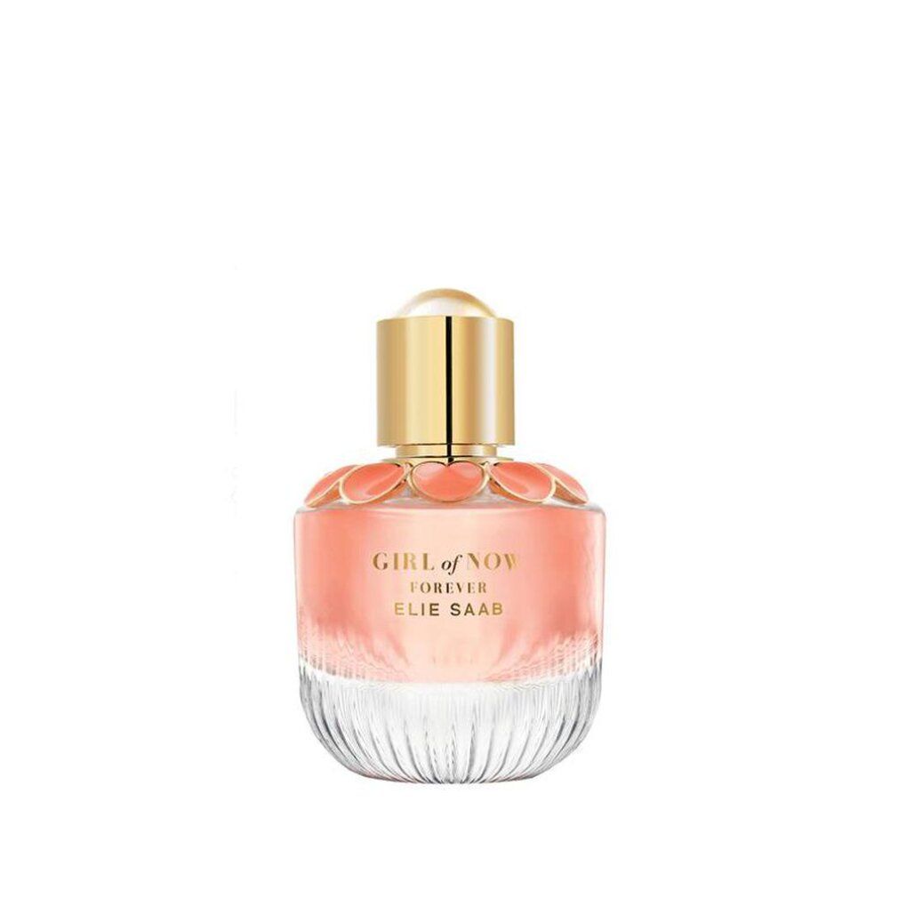 Flacon d'Elie Saab Girl of Now Forever Eau de Parfum avec bouchon doré et applications florales roses.