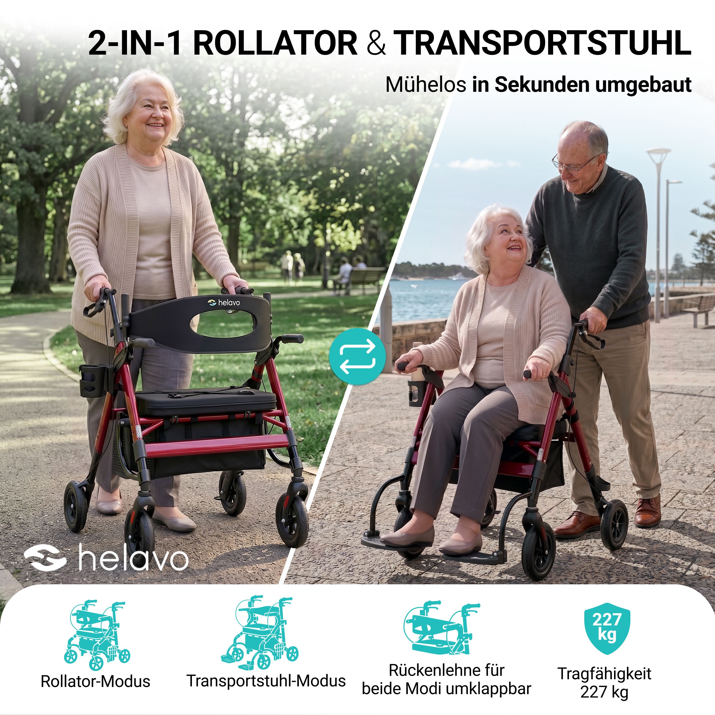 Un déambulateur présenté en mode déambulateur et en mode fauteuil de transport, avec des icônes de fonctionnalités.