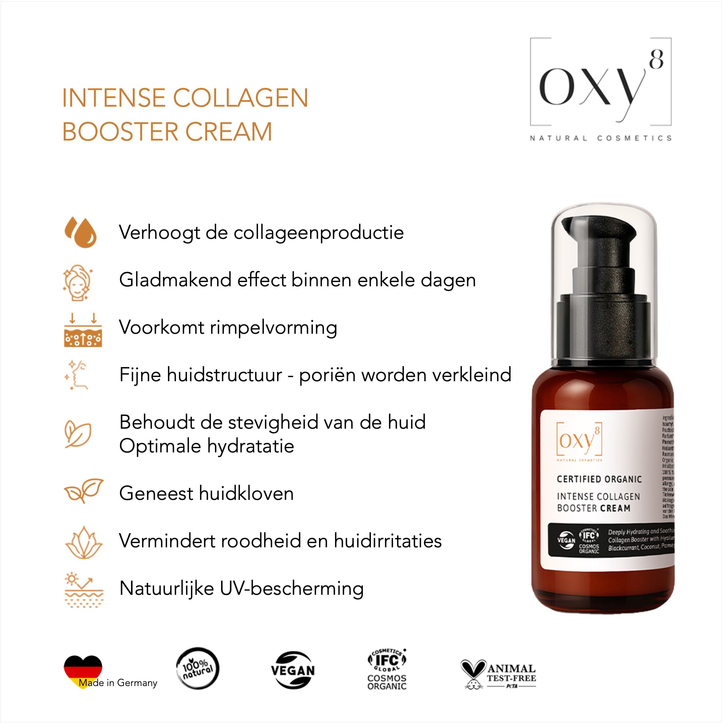 Productfles met tekst: Intense Collagen Booster Cream. Logo's: Vegan, IFC Cosmos Organic, Animal Test-Free.