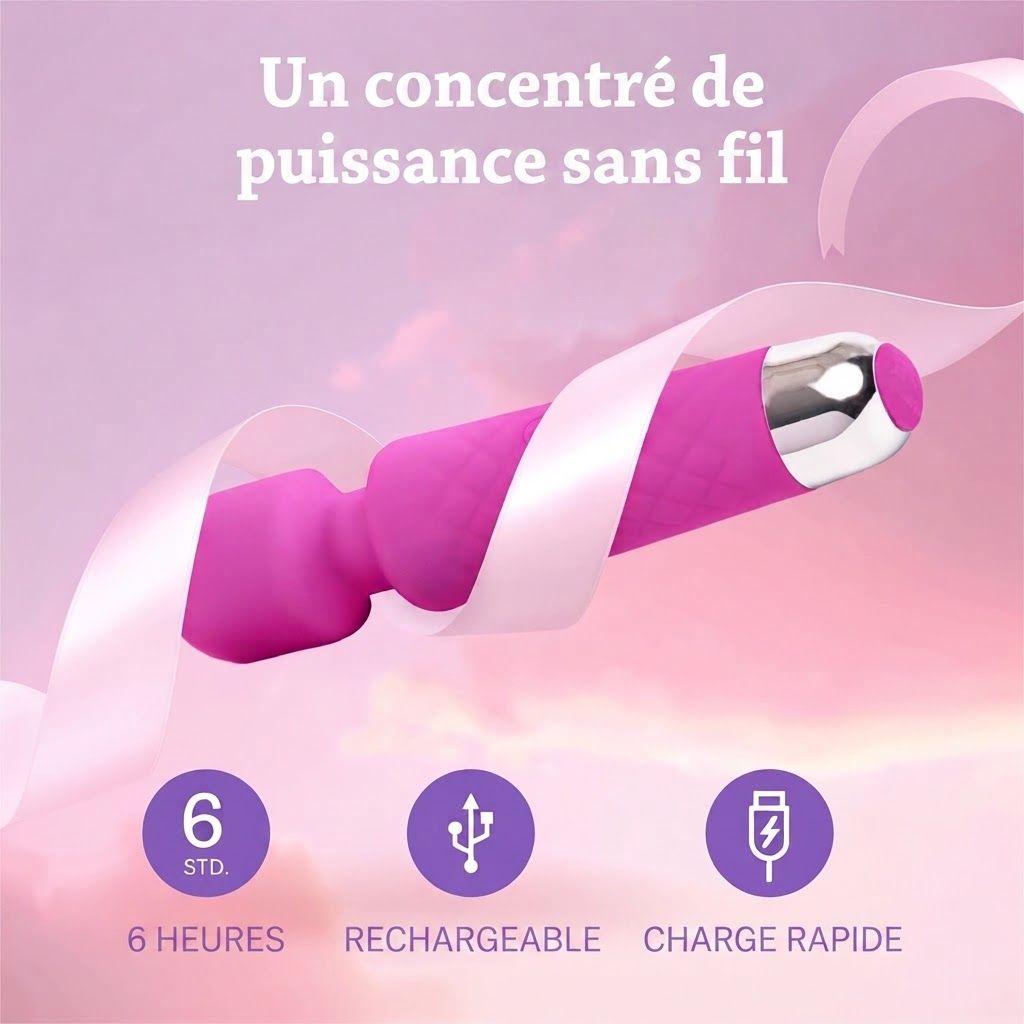 Vibrateur rose à motif matelassé, embout argenté. Rechargeable, autonomie 6 heures.