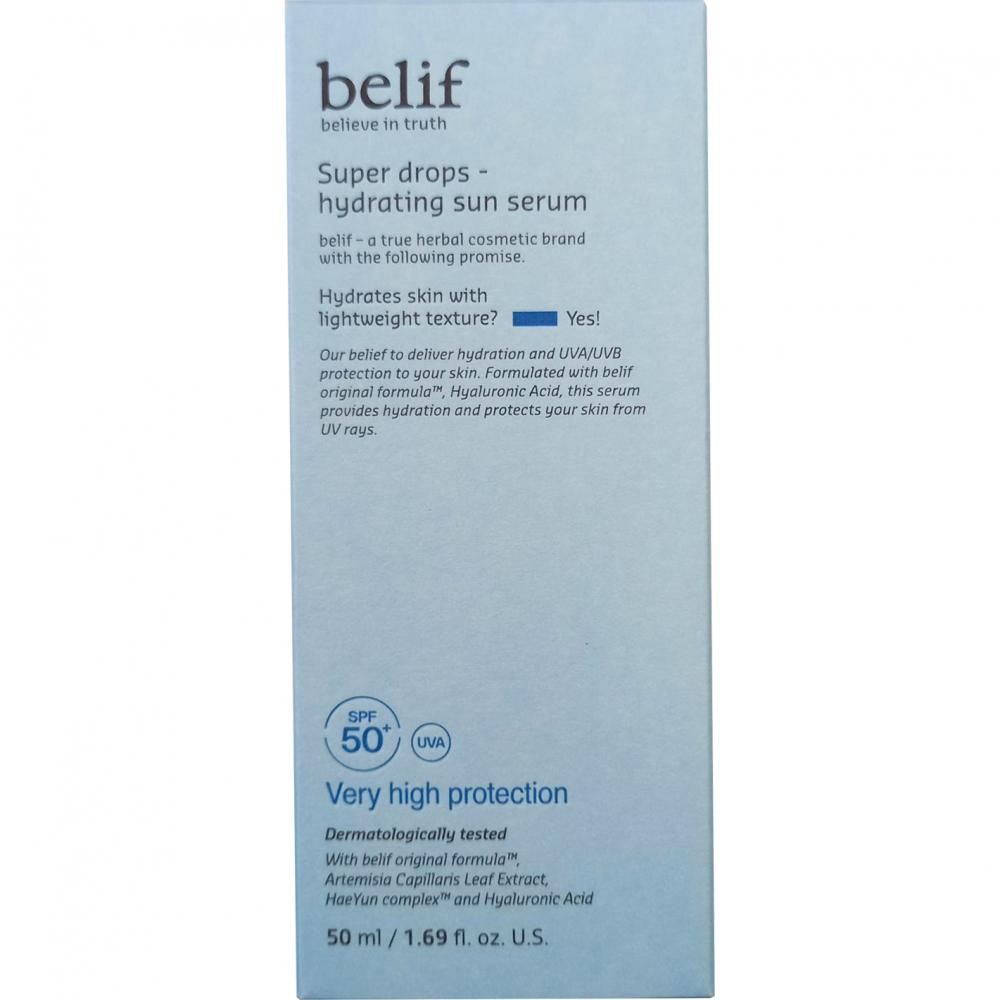 Verpakking met productinformatie: SPF 50+, zeer hoge bescherming, hydraterend serum.