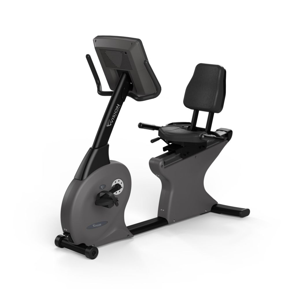 Hometrainer met digitaal display. Zwart zadel en rugleuning. Grijs frame. VISION-logo op het frame.