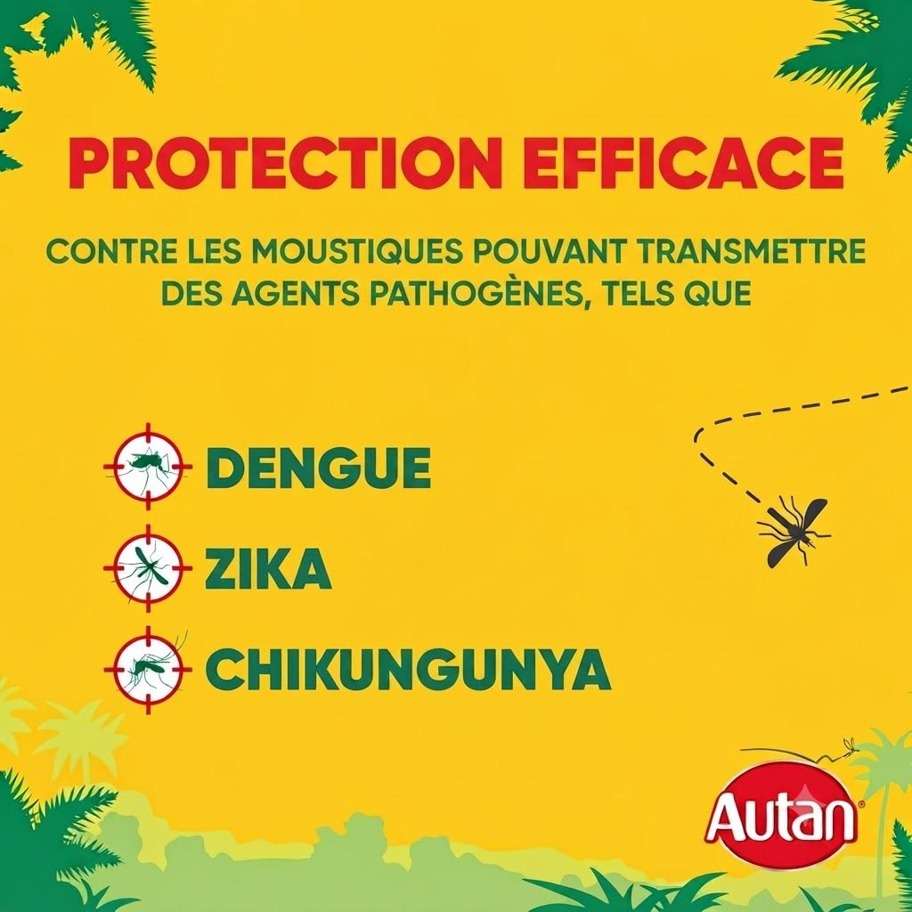 Protection contre les moustiques transmettant la dengue, le Zika et le chikungunya. Logo Autan.