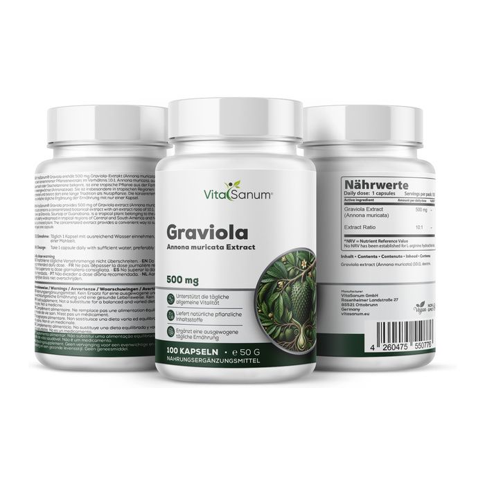 Trois flacons blancs de capsules d'extrait de Graviole VitaSanum. Un flacon montre les informations nutritionnelles.