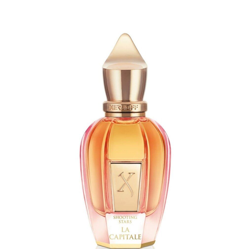 Flacon de parfum doré et rose avec un symbole 'X' stylisé et l'inscription 'LA CAPITALE'.