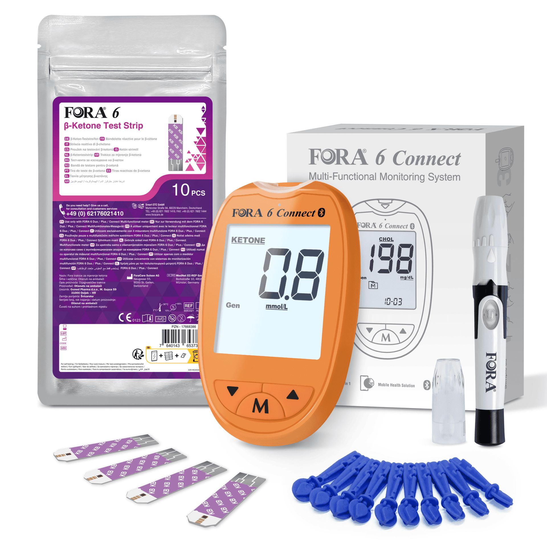 Kit de mesure FORA 6 avec bandelettes, lancettes et autopiqueur. Appareil orange avec écran.