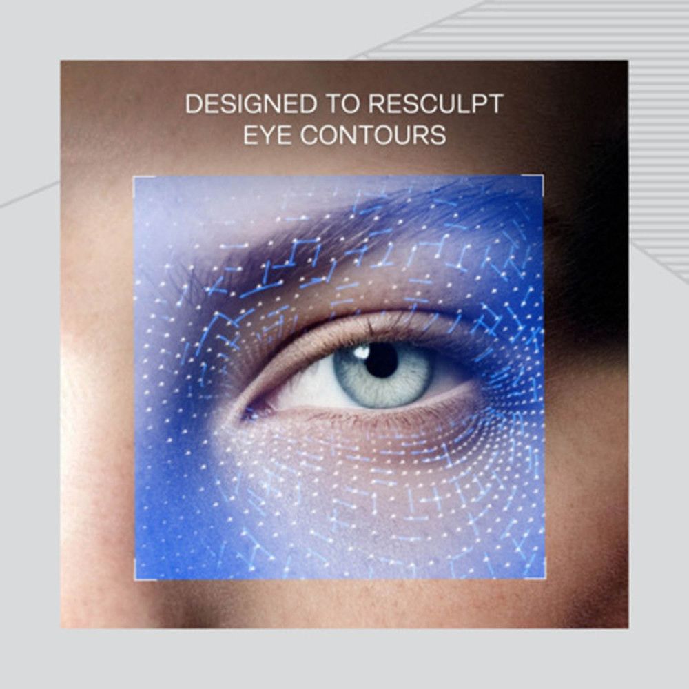 Représentation graphique d'un œil avec un motif de réseau numérique soulignant les contours. "Designed to Resculpt Eye Contours".