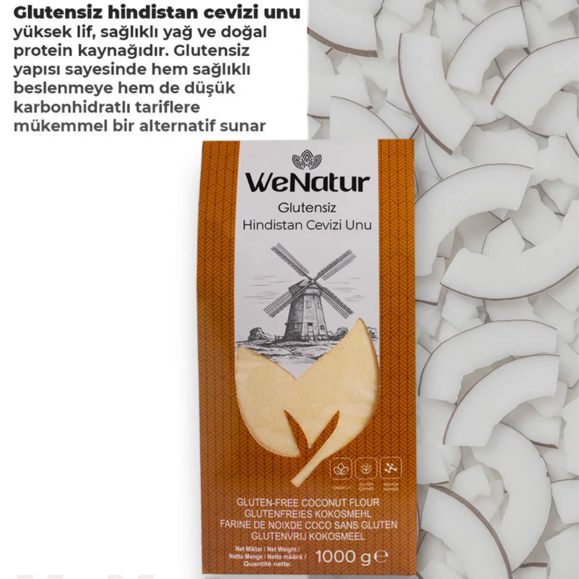 Paquet de farine de coco sans gluten avec illustration de moulin et feuilles de coco.