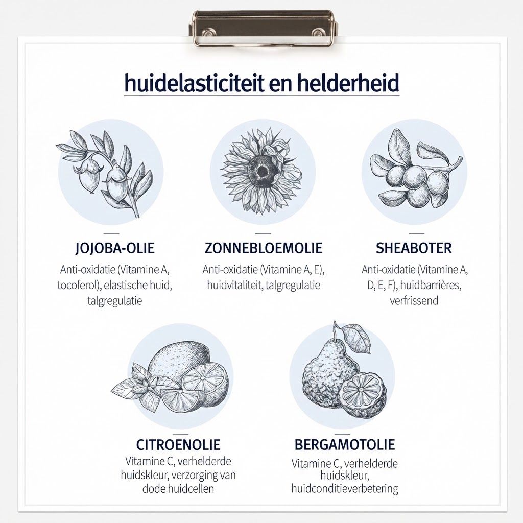 Jojobaolie: anti-oxidatie, elastische huid, talgregulatie.
