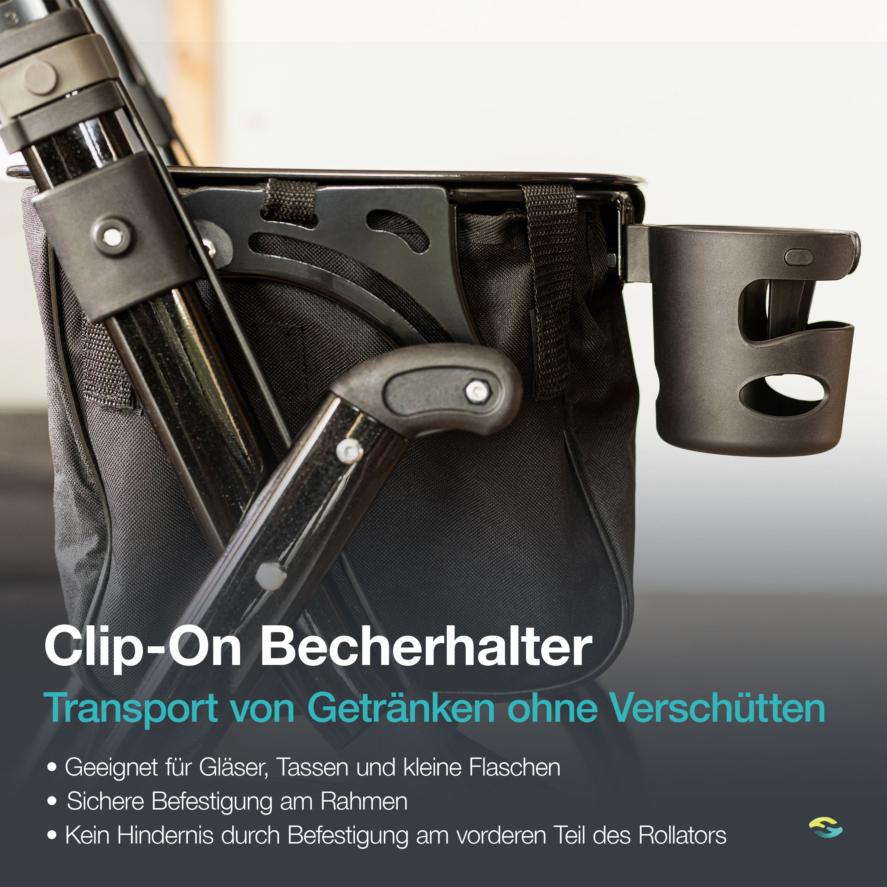 Porte-gobelet à clipser sur le côté d'un déambulateur d'intérieur noir.