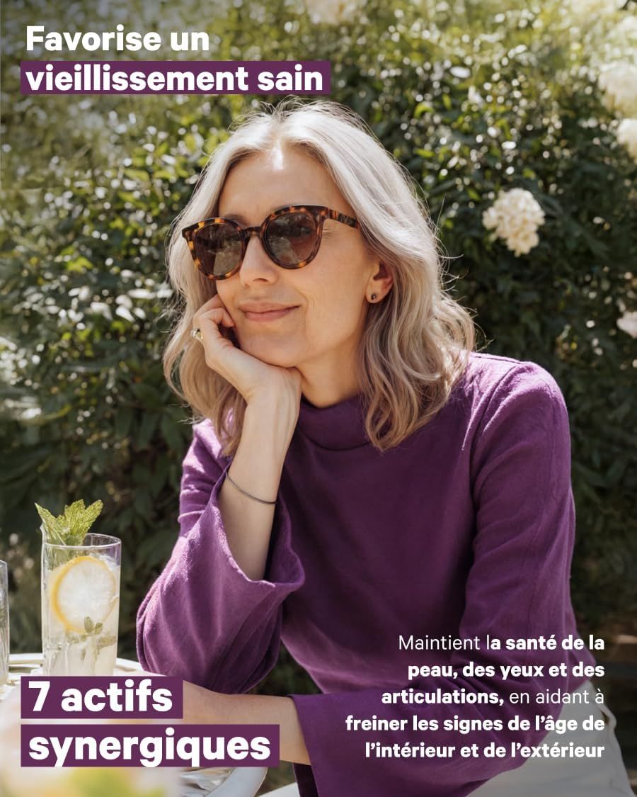 Femme avec lunettes de soleil assise dehors, texte sur le vieillissement sain et la vitalité.