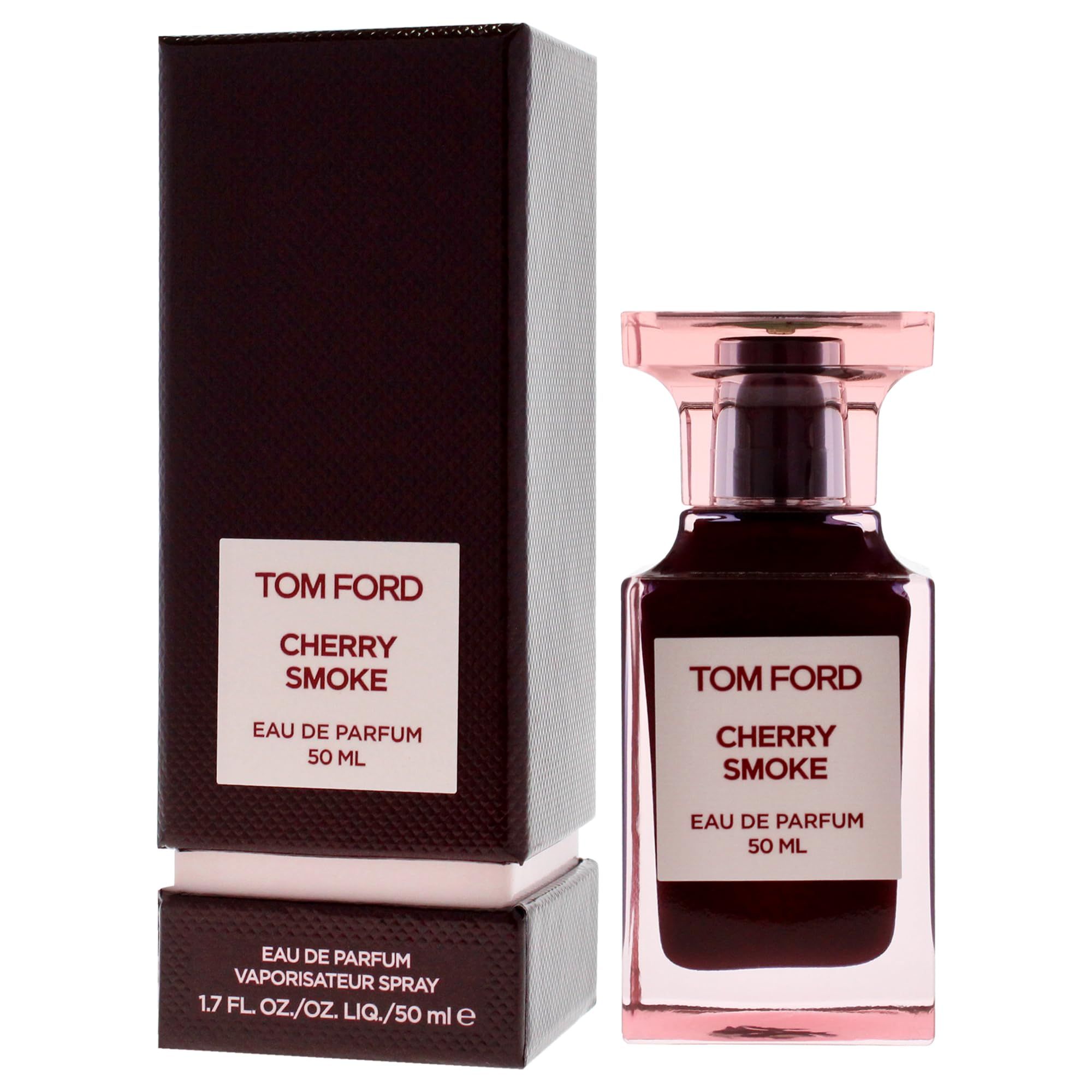 Tom Ford Cherry Smoke Eau de Parfum fles en verpakking. Zwarte verpakking, fles met roze dop. Opschrift: Cherry Smoke, 50 ml.