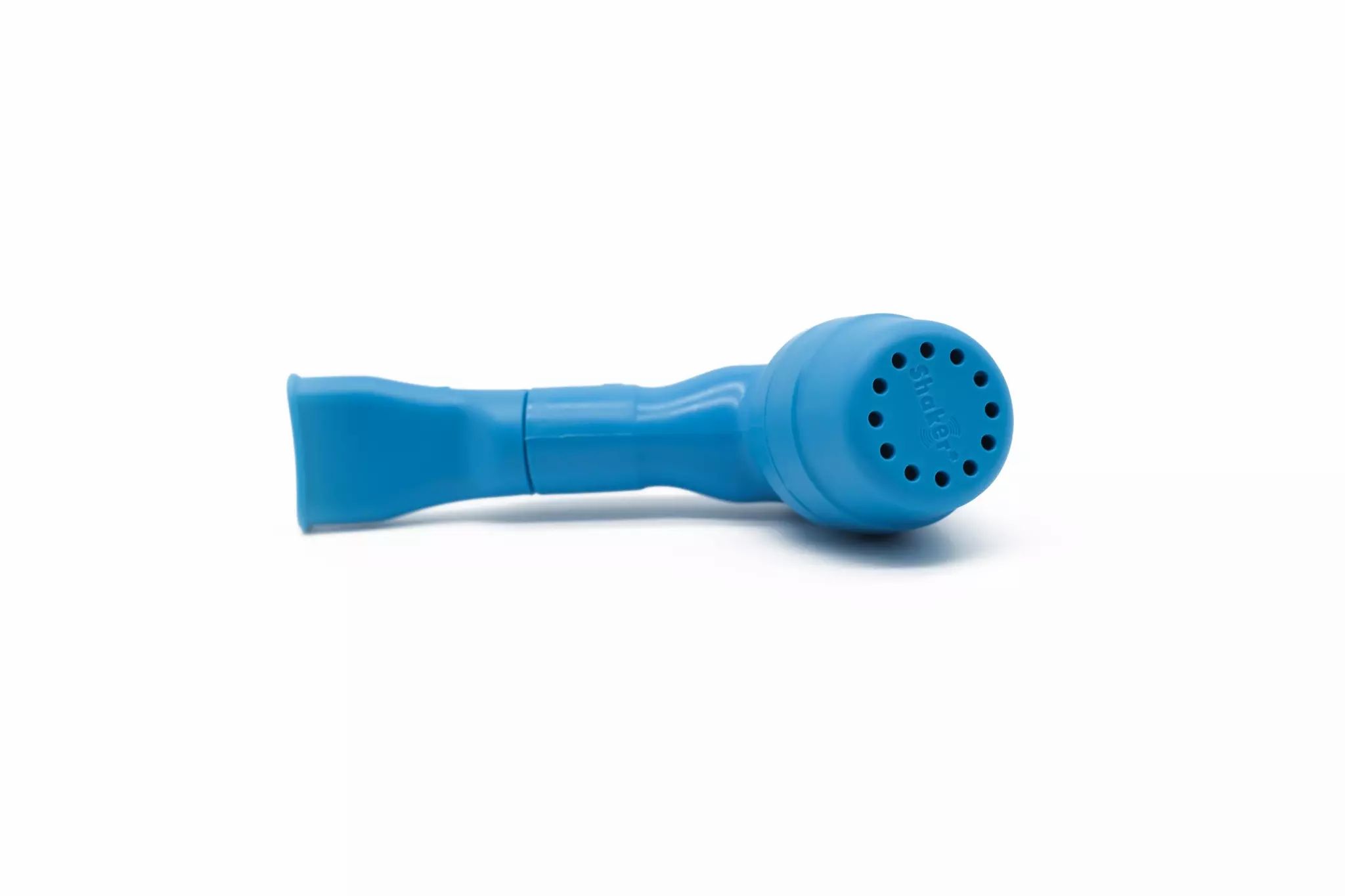 Appareil de thérapie respiratoire bleu avec embout buccal et extrémité ventilée.