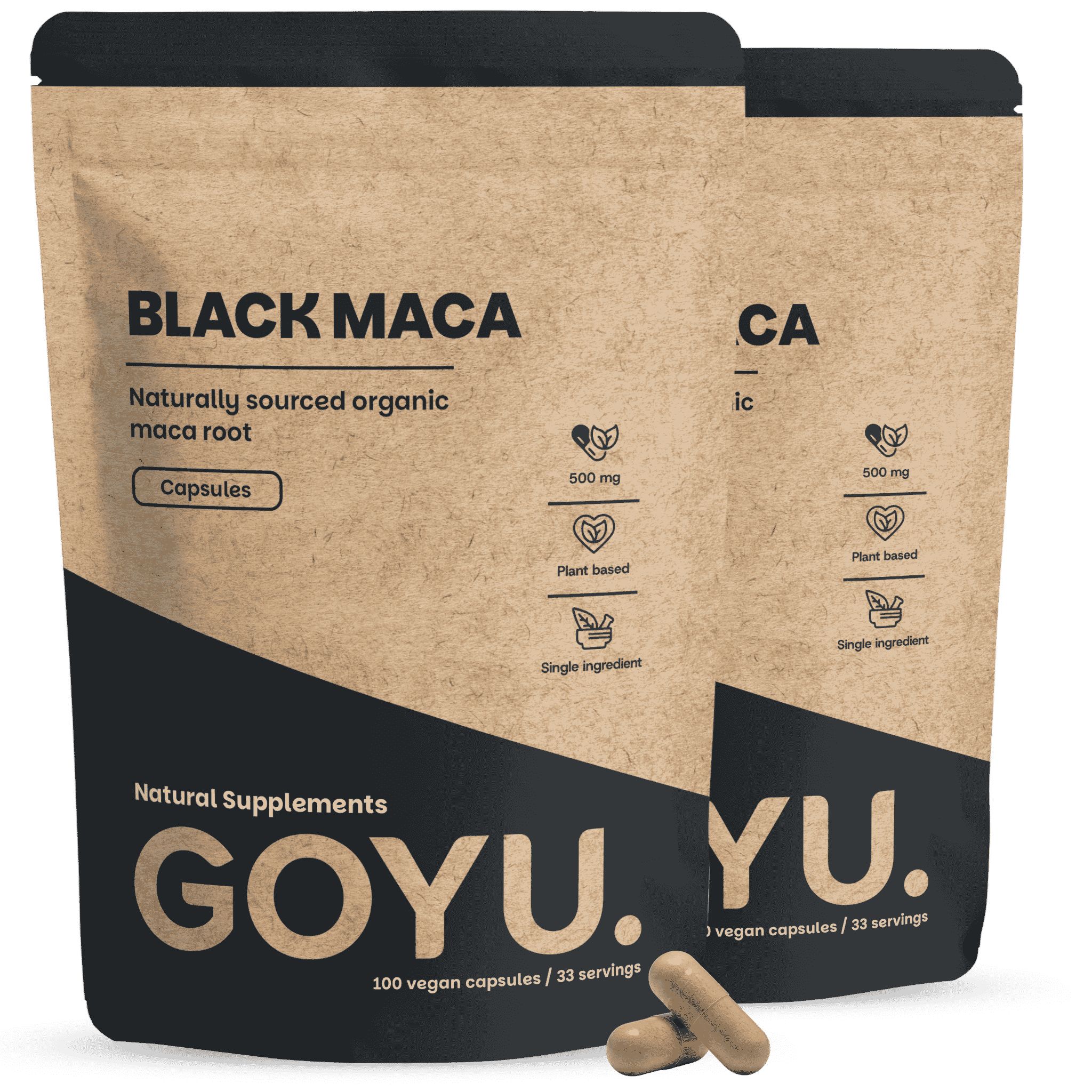 Deux paquets de gélules GOYU Black Maca, racine de maca bio d'origine naturelle, 100 gélules végétales par paquet.