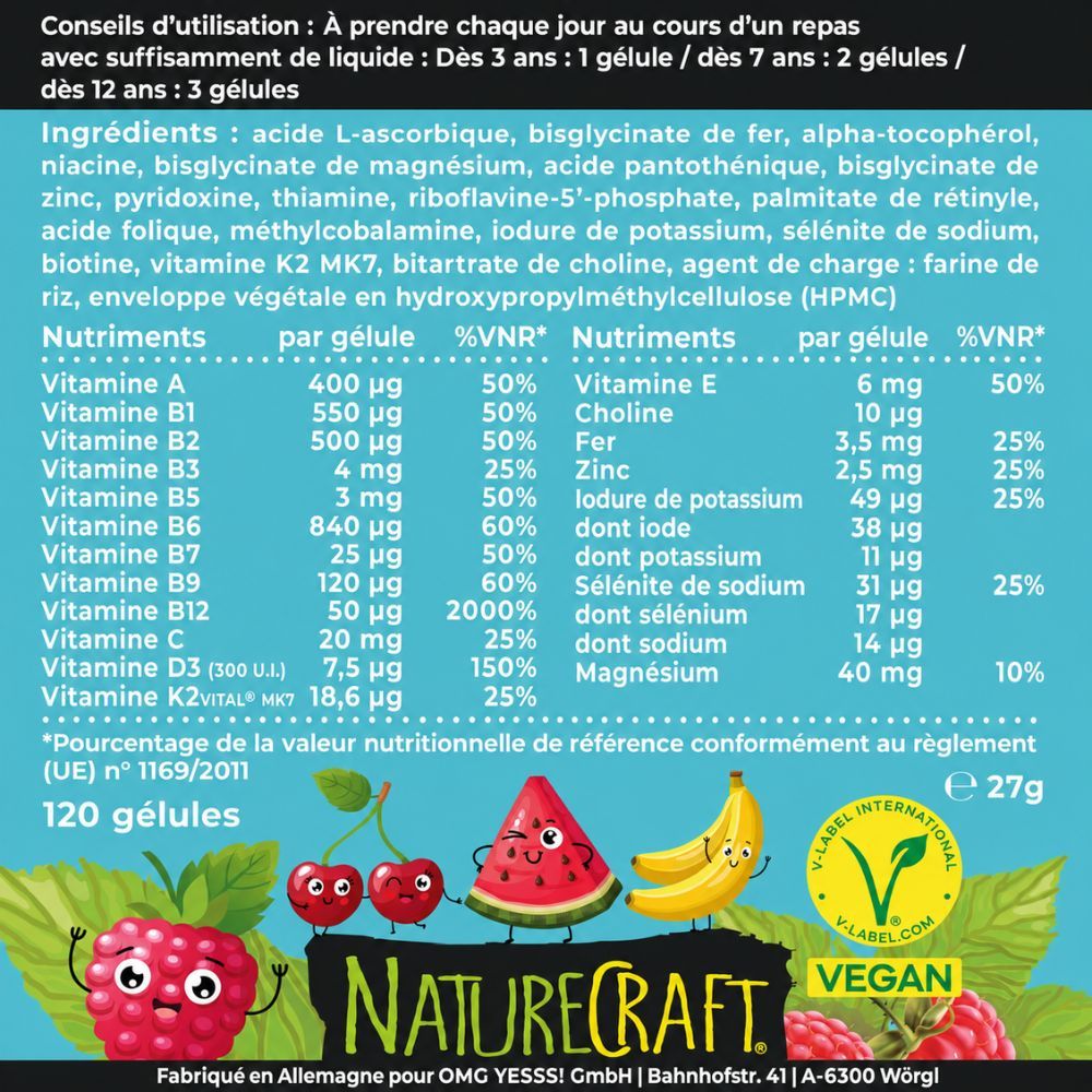 Arrière de l'emballage NatureCraft Vegan Kids Multivitamin avec informations nutritionnelles.