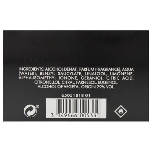 Achterkant van de verpakking met ingrediënten en veiligheidssymbolen. Bevat informatie zoals alcohol en geurstoffen.