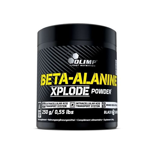 Récipient noir avec Olimp Beta-Alanine Xplode Powder, 250g.