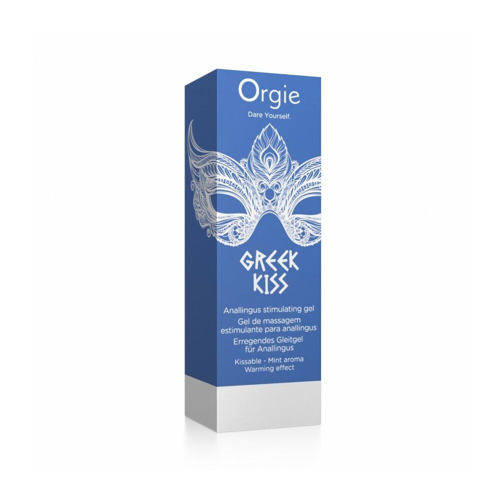 Emballage bleu "Orgie Greek Kiss". Contient un gel anal. Design de masque. Base blanche.