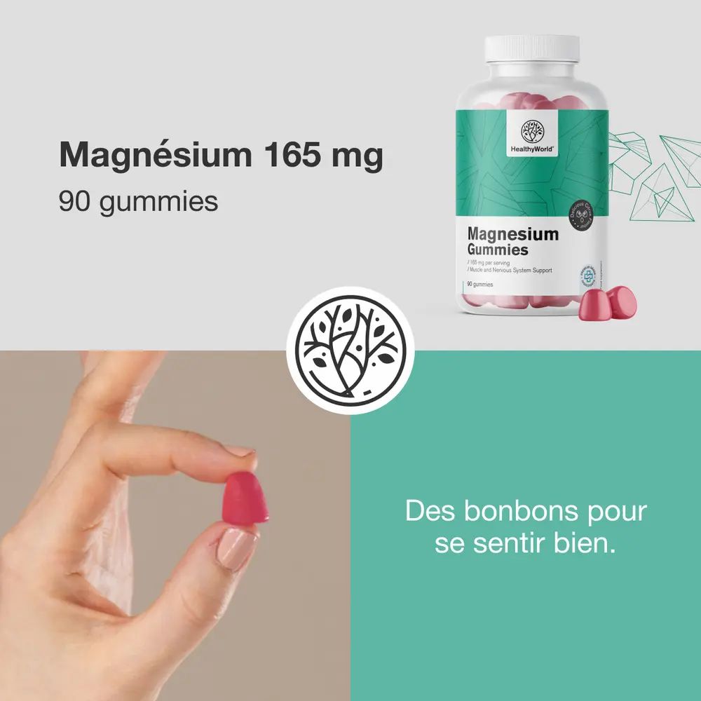 Main tenant un bonbon rouge. À côté, flacon de Magnesium Gummies. Texte: Magnésium 165 mg, 90 gummies. Des bonbons pour se sentir bien.