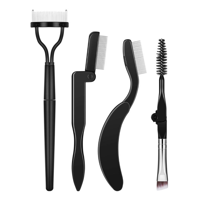 Quatre outils noirs pour cils et sourcils : peigne, peigne pliable, peigne courbé et brosse.