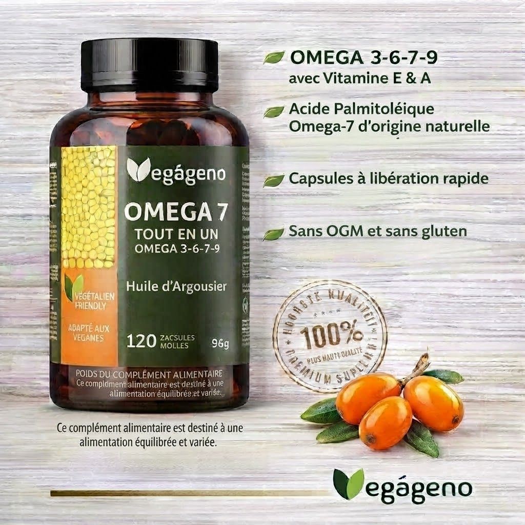 Vegageno Oméga 7: Bouteille de 120 capsules molles, 96g. Contient Oméga 3-6-7-9, Huile d'Argousier. Sans OGM, sans gluten.